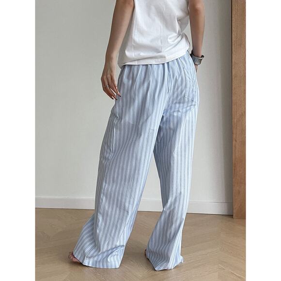 Commense Stripe Casual Loose Double Waisted Tie Front Pants Lounge Blue Stripe M - Picture 5 of 7